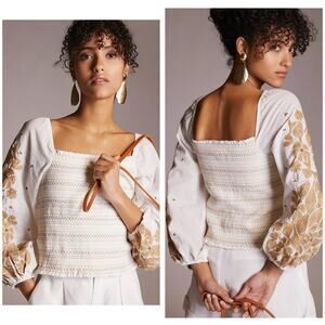 NWT Anthropologie Smocked Embroidered Top Size Small Cream Sequin Boho Chic